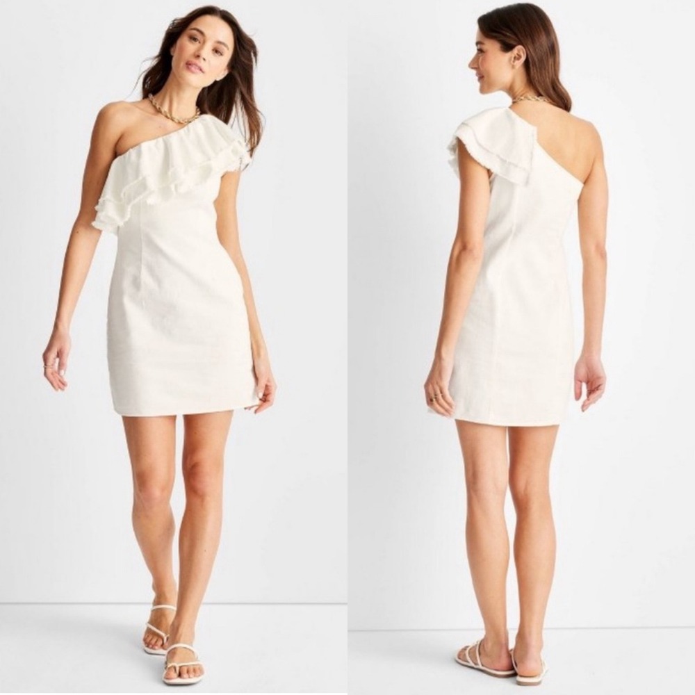 NWT Future Collective One Shoulder Ruffle Mini Dress 6‎ Ivory Cotton Euro Summer